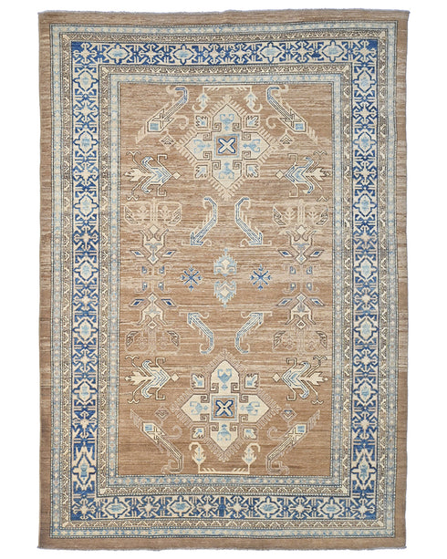 6x9 Ft Kazak Brown Blue Afghan Hand Knotted Geometric Wool Area Rug